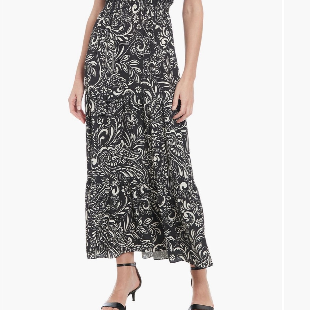 NWT Dress HAWAIIAN PAISLEY Crepe Split Ruffle Neck Maxi Dress Black Sleeveless - Picture 3 of 15